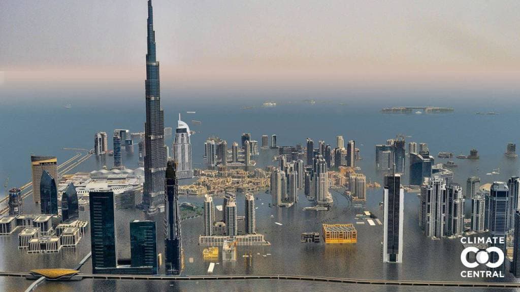 كيف يمكن أن يبدو ارتفاع مستوى سطح البحر في برج خليفة في دبي، الإمارات العربية المتحدة