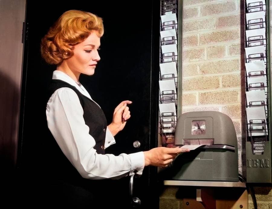 سيدة أميركية أمام آلة تسجيل الدخول بمقر عملها في الستينيات (CNN)