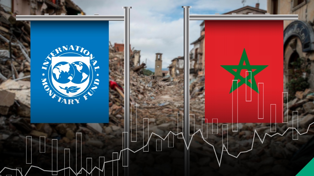 علم المغرب إلى جانب شعار صندوق النقد الدولي وفي الخلفية صورة من زلزال مراكش
