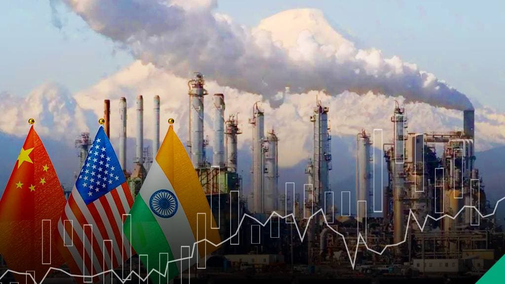صورة تُظهر مصانع تصدر دخان وأعلام الصين وأميركا والهند