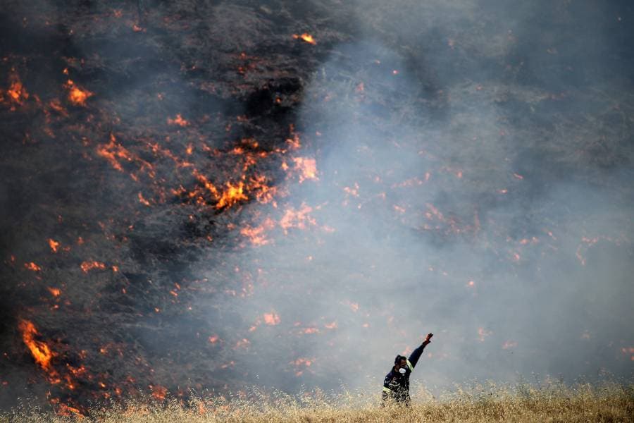 صورة أرشيفية لحريق غابات بالقرب من قرية ميتوتشي، شمال أثينا، اليونان، 14 أغسطس آب 2017. (رويترز)