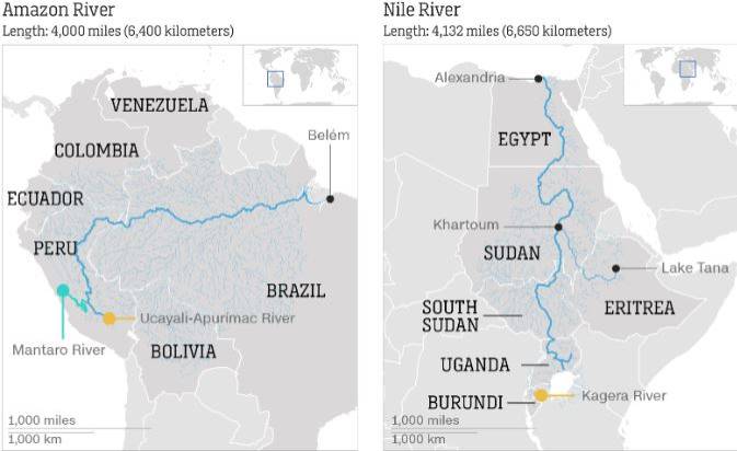 خريطة تابعة الموسوعة البريطانية «بريتانيكا» توضح أن نهر النيل أطول من الأمازون و اطول نهر في العالم